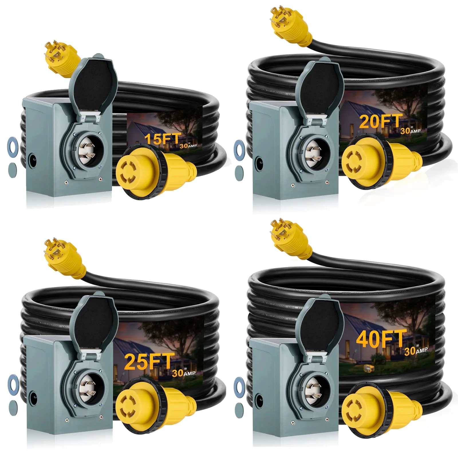 30A Heavy Duty RV Extension Cord 15/20/25/40FT SJTW 4X10AWG ETL Listed, NEMAL14-30P to 14-30R, with PVC Generator Inlet Box
30A Heavy Duty RV Extension Cord 15/20/25/40FT SJTW 4X10AWG ETL Listed, NEMAL14-30P to 14-30R, with PVC Generator Inlet Box