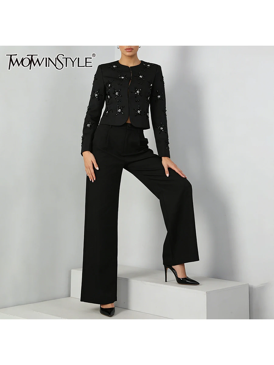 TWOTWINSTYLE Solid Elegant Two Piece Sets for Women Round Neck Long Sleeves Spliced Beading Top High Waist Pant Set Female New
TWOTWINSTYLE Solid Elegant Two Piece Sets for Women Round Neck Long Sleeves Spliced Beading Top High Waist Pant Set Female New