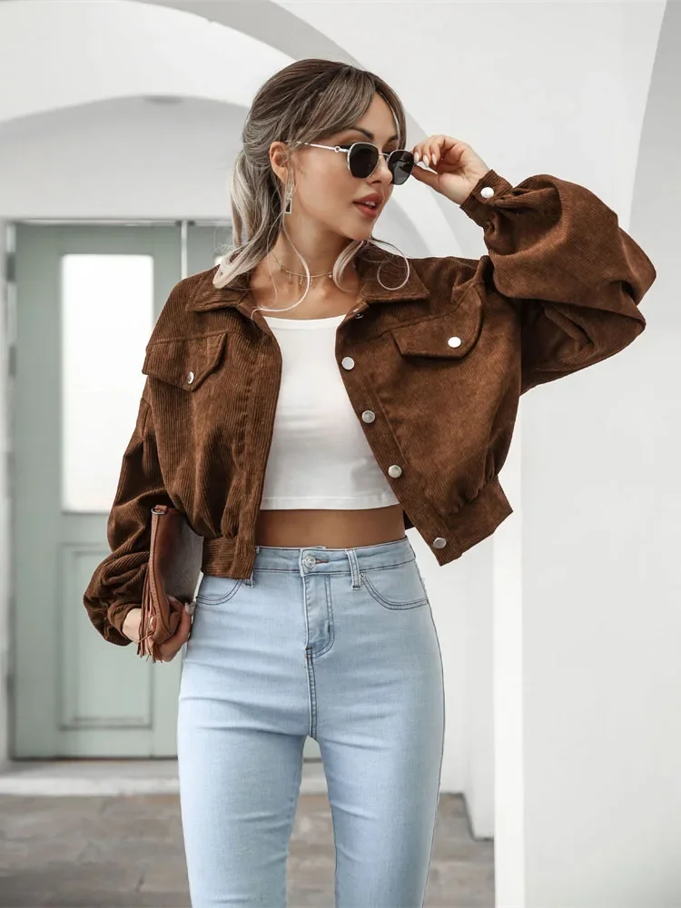 2025 Corduroy Short Jacket Women Loose Tops Spring Autumn Turndown Collar Lantern Sleeve Casual Coat Lady Streetwear Outerwear 
2025 Corduroy Short Jacket Women Loose Tops Spring Autumn Turndown Collar Lantern Sleeve Casual Coat Lady Streetwear Outerwear