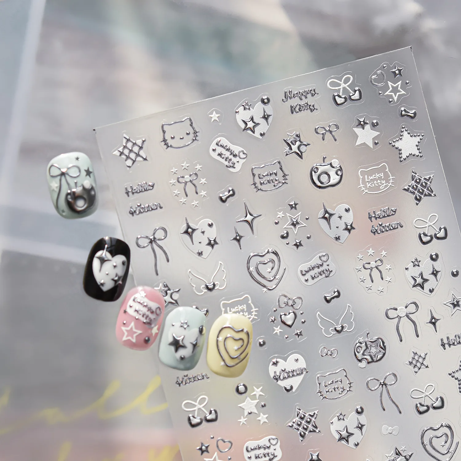 Metallic Texture Silver Nail Stickers 5D Embossed Stars Bow Love heart Cat Wings Nail Art Stickers DIY Nail Decorations Decals
Metallic Texture Silver Nail Stickers 5D Embossed Stars Bow Love heart Cat Wings Nail Art Stickers DIY Nail Decorations Decals