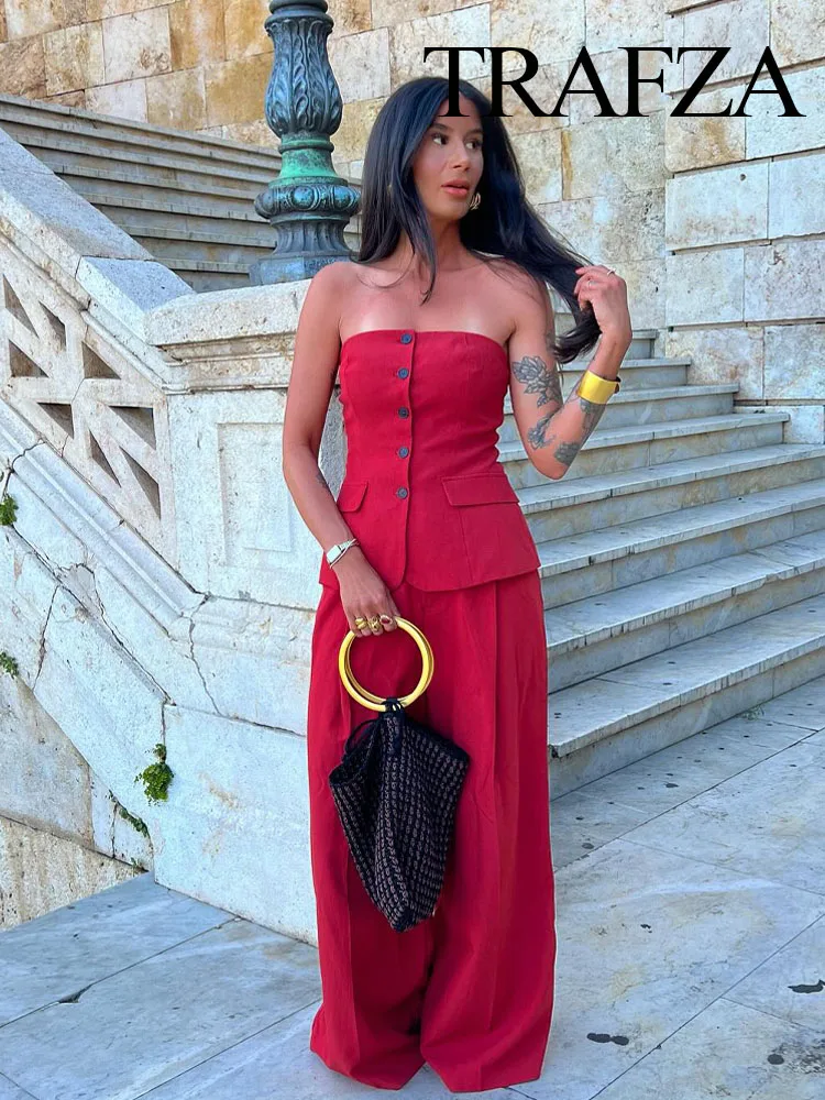 TRAFZA Women 2025 2-Piece Set Fashion Single-Breasted Tube Top Vest+High Waist Sleeveless Pockets Pleated Casual Wide-Leg Pants
TRAFZA Women 2025 2-Piece Set Fashion Single-Breasted Tube Top Vest+High Waist Sleeveless Pockets Pleated Casual Wide-Leg Pants