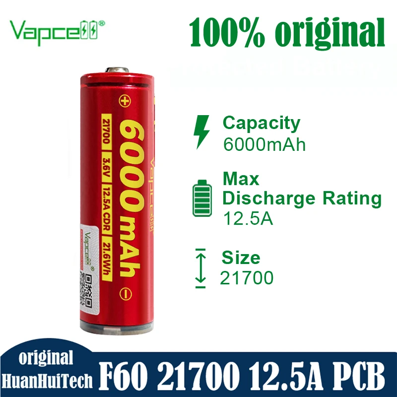 Оригинальный Vapcell F60 INR21700 6000 мАч 12,5 А 3,7 В кнопка верхней защиты аккумулятор большой емкости перезаряжаемая литиевая батарея 21700
Оригинальный Vapcell F60 INR21700 6000 мАч 12,5 А 3,7 В кнопка верхней защиты аккумулятор большой емкости перезаряжаемая литиевая батарея 21700