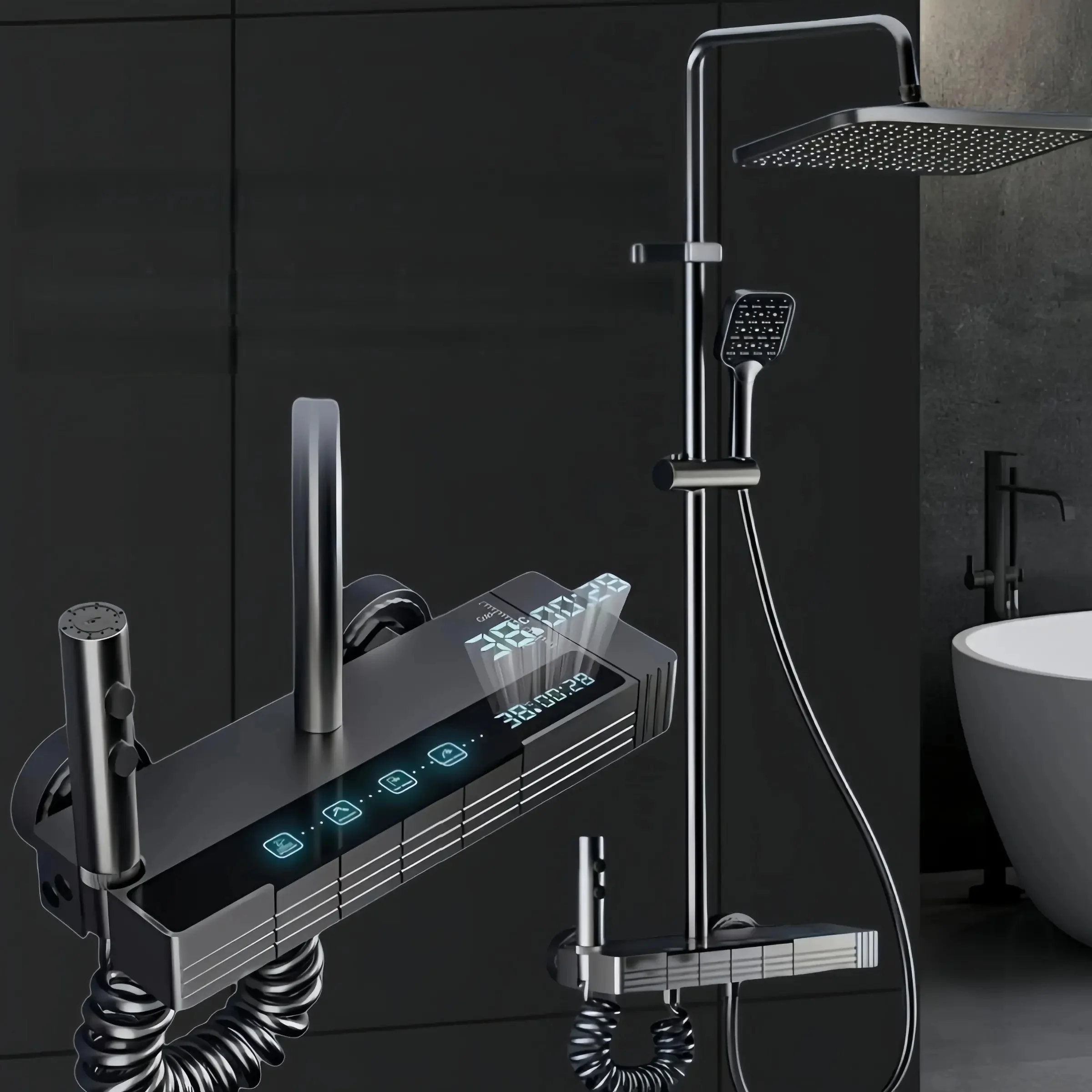 Modern Smart Shower System with Digital Display, Rainfall Head, Multi Spray Modes & Ambient Lighting for Luxury Bathrooms
Modern Smart Shower System with Digital Display, Rainfall Head, Multi Spray Modes & Ambient Lighting for Luxury Bathrooms