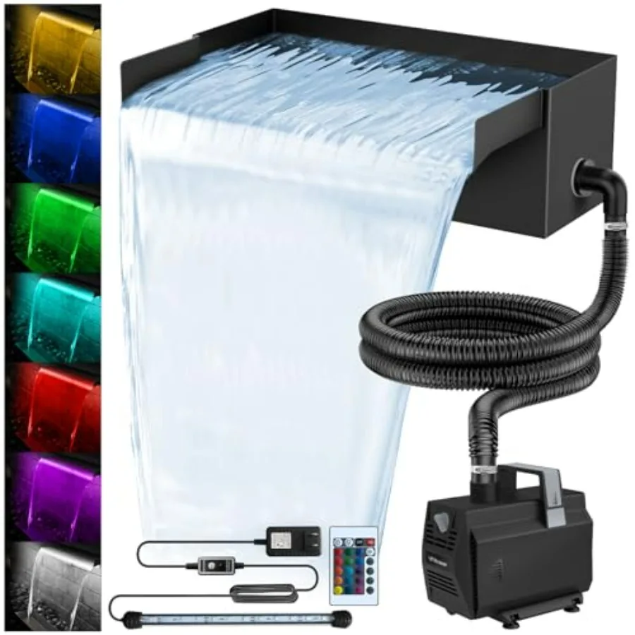 Outdoor water feature kit: stainless steel spillway, black finish, all-in-one waterfall with LED lights, 12-inch size, 880GPH p
Outdoor water feature kit: stainless steel spillway, black finish, all-in-one waterfall with LED lights, 12-inch size, 880GPH p