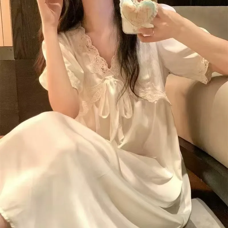 Summer New Sweet Princess Silk Nightdress Women French StyleVCollar Lace Bow Student Homewear
Summer New Sweet Princess Silk Nightdress Women French StyleVCollar Lace Bow Student Homewear