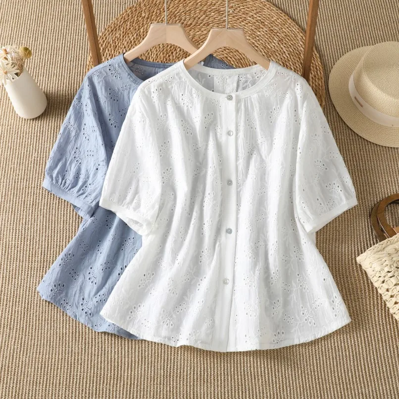 Elegant Hollow out Short Sleeve Women's Top Unique Hook Design Summer Thin Casual Loose Fit Cotton Single Wear Shirt
Elegant Hollow out Short Sleeve Women's Top Unique Hook Design Summer Thin Casual Loose Fit Cotton Single Wear Shirt
