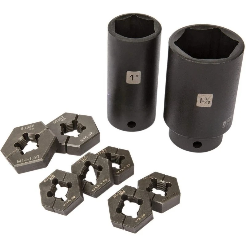 9-Piece Split Die Wheel Stud Repair/Rethreading Kit, Indexing Pins, Steel, Repairs Threads on Wheel Studs and Bolts, Tw
9-Piece Split Die Wheel Stud Repair/Rethreading Kit, Indexing Pins, Steel, Repairs Threads on Wheel Studs and Bolts, Tw