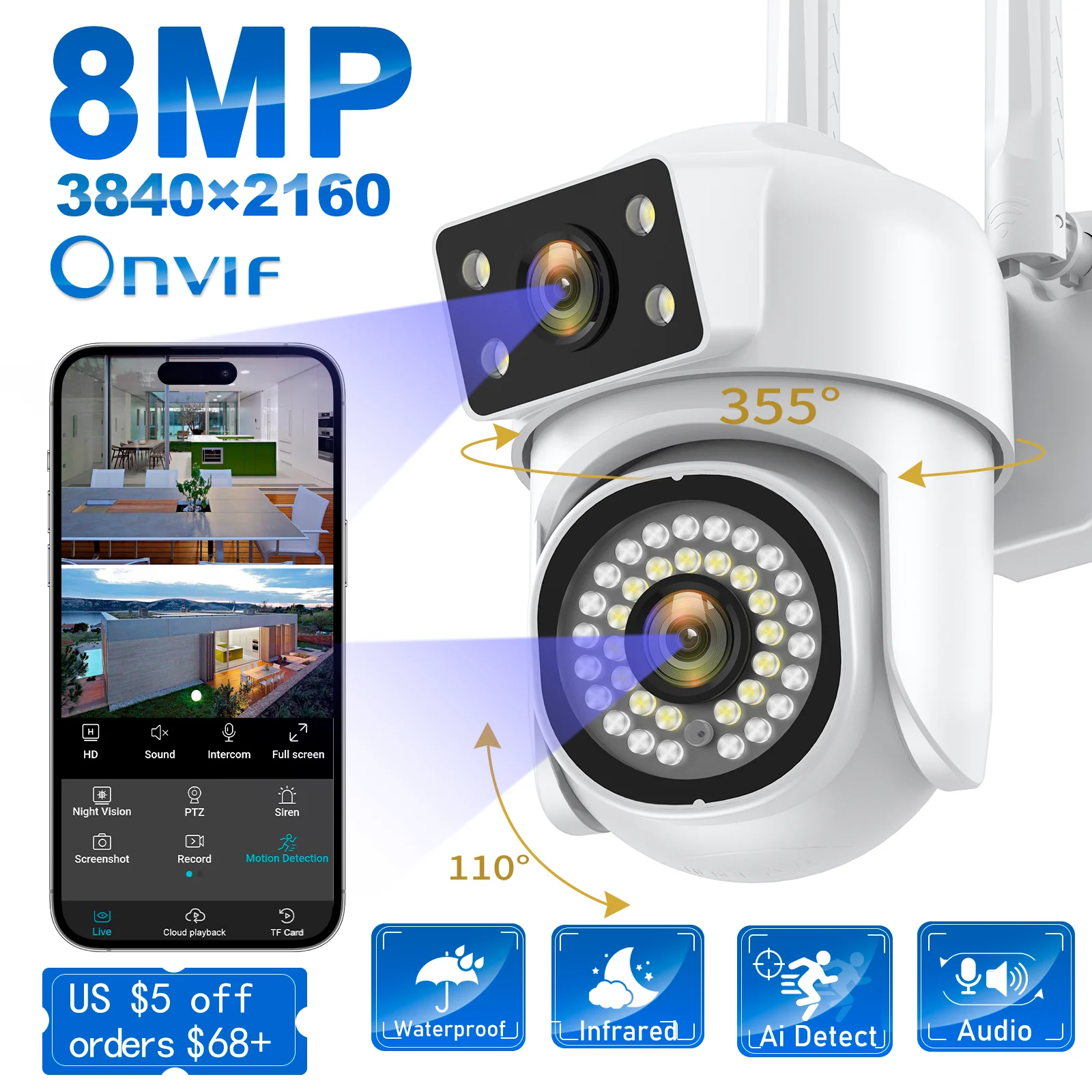 Outdoor 8MP WIFI Cameras AI Motion Tracking IP Camera Security Surveillance Night Vision Full Color Wireless Waterproof CCTV Cam
Outdoor 8MP WIFI Cameras AI Motion Tracking IP Camera Security Surveillance Night Vision Full Color Wireless Waterproof CCTV Cam
