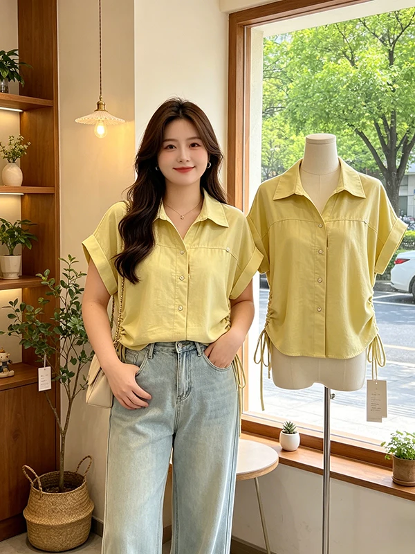 plus Size Summer New Lazy Style Collared Short Sleeve Women's Shirt Yellow Drawstring Waist Versatile Top Korean Style Commute
plus Size Summer New Lazy Style Collared Short Sleeve Women's Shirt Yellow Drawstring Waist Versatile Top Korean Style Commute