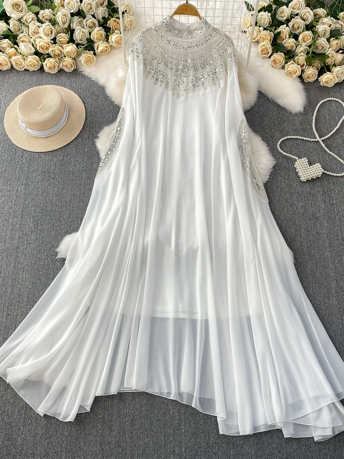 Summer Women's Long Sve Embroidered Bead Dr Heavy Work Loose Fitting Slimming Long Dr High Waist A-Line Korean Sle
Summer Women's Long Sve Embroidered Bead Dr Heavy Work Loose Fitting Slimming Long Dr High Waist A-Line Korean Sle