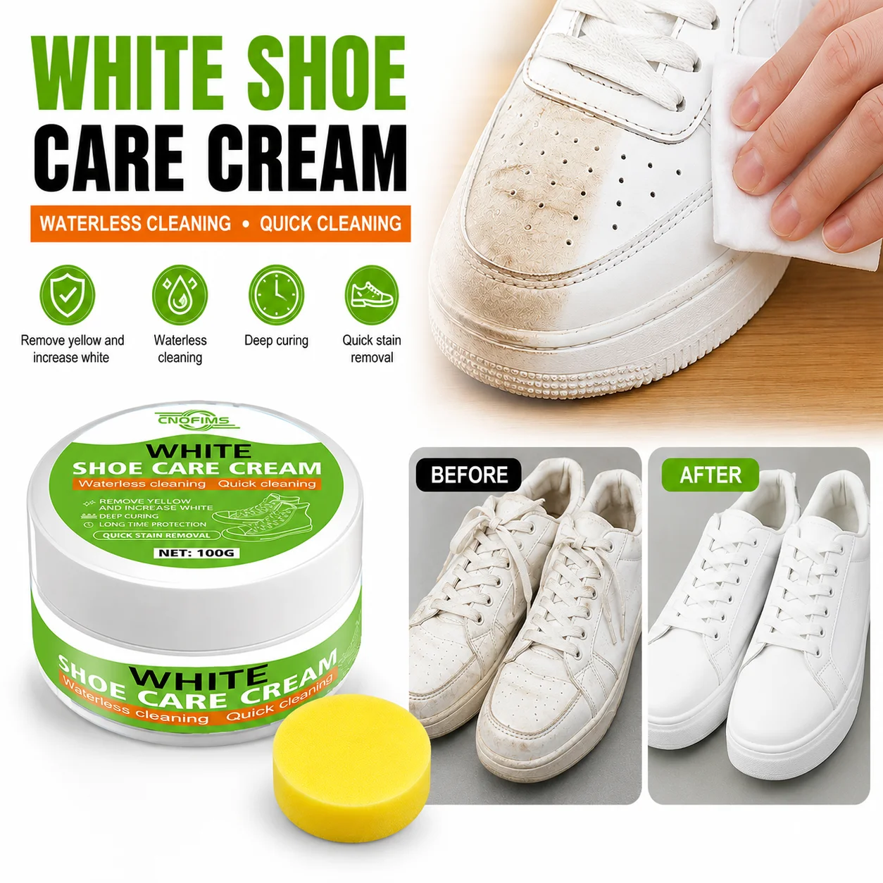 White Shoe Restoration Cream 100G Shoe Whitening Polish for Yellow Frost Removal and Shine Care
White Shoe Restoration Cream 100G Shoe Whitening Polish for Yellow Frost Removal and Shine Care