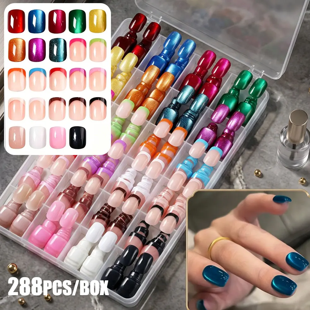 288Pcs/Box Mixed Color Cat Eye & French & Solid Press On Nails Short Square False Nails Glossy Glitter Nude Full Cover Fake Nail
288Pcs/Box Mixed Color Cat Eye & French & Solid Press On Nails Short Square False Nails Glossy Glitter Nude Full Cover Fake Nail