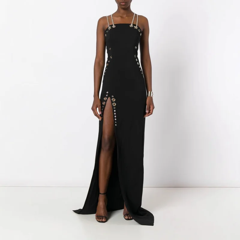 2025 Spring New Style Eyelet Buckle Double Chain Strap High Slit Long Dress for Women
2025 Spring New Style Eyelet Buckle Double Chain Strap High Slit Long Dress for Women