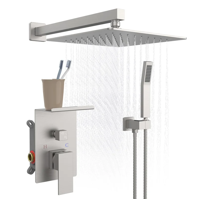 10-inch Wall-Mounted Shower Faucet Set with Square Head, Brushed Nickel, High-Pressure Luxury Shower System with Storage Rack
10-inch Wall-Mounted Shower Faucet Set with Square Head, Brushed Nickel, High-Pressure Luxury Shower System with Storage Rack