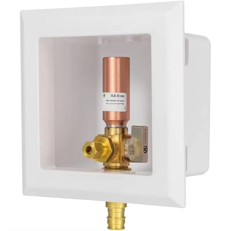 Universal Ice Maker Box with 1/2-Inch PEX-A Expansion Inlet, Installed 1/4-Turn Ball Valve & Copper Water Hammer Arrestor
Universal Ice Maker Box with 1/2-Inch PEX-A Expansion Inlet, Installed 1/4-Turn Ball Valve & Copper Water Hammer Arrestor