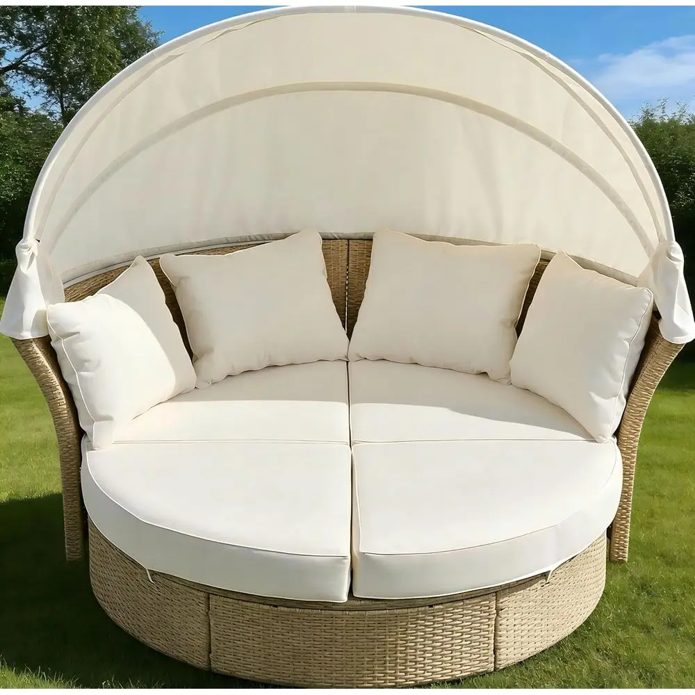 Round Outdoor Daybed with Retractable Canopy, 4 Pillows, Wicker Sectional Sofa Set for Garden and Poolside, 71.7 Beige
Round Outdoor Daybed with Retractable Canopy, 4 Pillows, Wicker Sectional Sofa Set for Garden and Poolside, 71.7 Beige