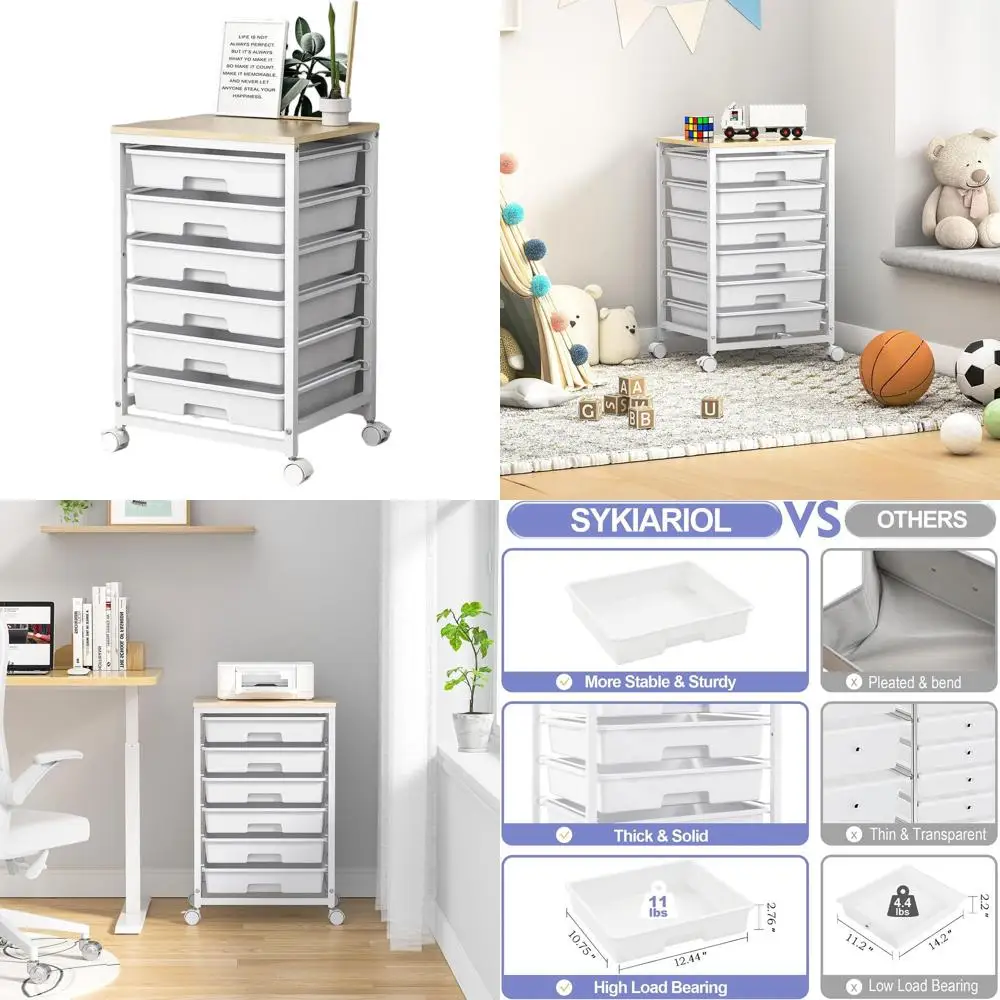 White Rolling Utility Cart with 6 Lockable Drawers and Wooden Top
White Rolling Utility Cart with 6 Lockable Drawers and Wooden Top