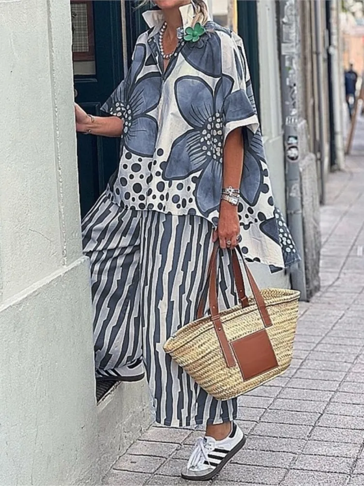 New Summer Street Women's Suit Fashion Flower Print Shirt And Wide-leg Pants Two Piece Set Women Casual Loose Sets Female
New Summer Street Women's Suit Fashion Flower Print Shirt And Wide-leg Pants Two Piece Set Women Casual Loose Sets Female
