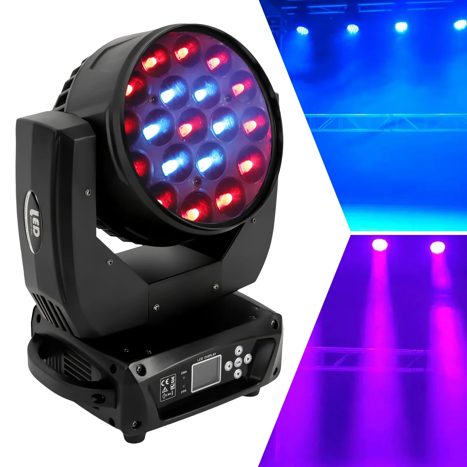 Moving Head Light with 19 LEDs, RGBW Color Mixing, DMX512, Voice Control, Flexible Installation for Stage, Clubs, and Events
Moving Head Light with 19 LEDs, RGBW Color Mixing, DMX512, Voice Control, Flexible Installation for Stage, Clubs, and Events