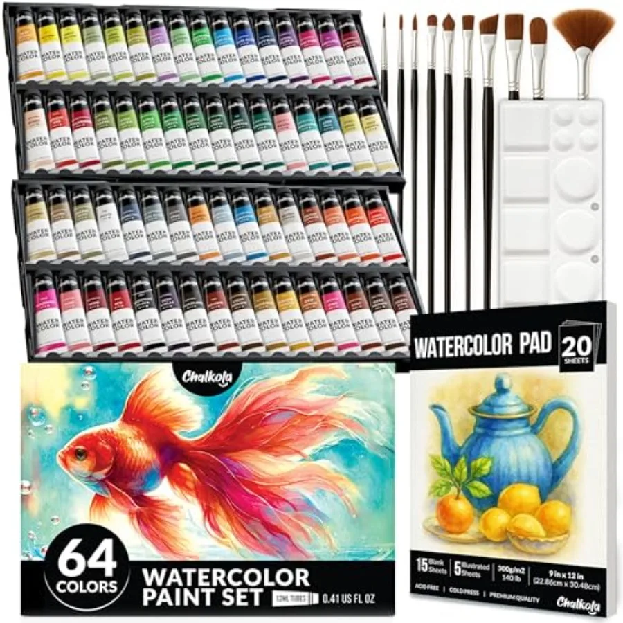 Watercolor Paint Set - 64 Water Color Paint Tubes 12ml, 0.4oz,10 Painting Brushes and 1 Palette, 20 WaterColor Pad Art Supplies
Watercolor Paint Set - 64 Water Color Paint Tubes 12ml, 0.4oz,10 Painting Brushes and 1 Palette, 20 WaterColor Pad Art Supplies