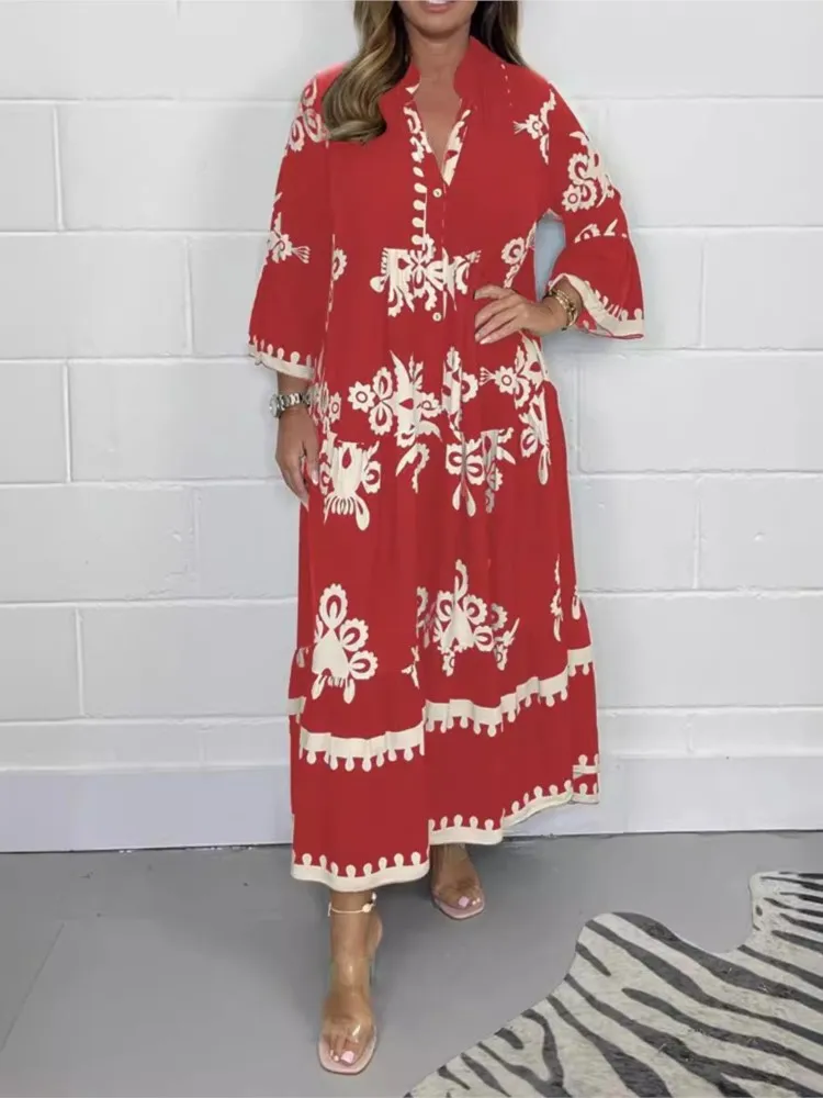Women Printed Loose Ethnic Retro Dresses Spring Summer V Neck Button A-Line Long Dress Summer 3/4 Sleeve Bohemian Maxi Vestidos
Women Printed Loose Ethnic Retro Dresses Spring Summer V Neck Button A-Line Long Dress Summer 3/4 Sleeve Bohemian Maxi Vestidos