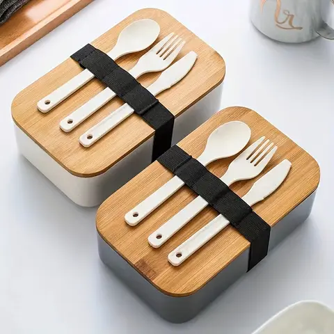 Boîte à déjeuner avec couvercle en bambou et un ensemble de couteaux, fourchettes et cuillères, boîte à déjeuner scellée pour salade, adaptée au travail, à l'école et au Camping