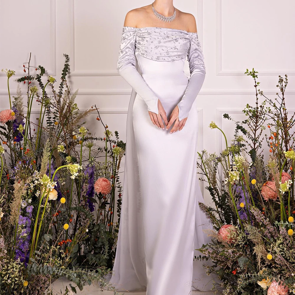 Customized Satin Straight Off the Shoulder Crystal Evening Dress Boat Neck Long Sleeves Floor Length Watteau Train Graceful
Customized Satin Straight Off the Shoulder Crystal Evening Dress Boat Neck Long Sleeves Floor Length Watteau Train Graceful