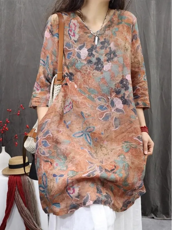Retro Flax Print Women's Casual Loose Mid-Sleeve V-Neck Midi Shirt Breathable Comfortable Skin-Friendly Summer Fashion
Retro Flax Print Women's Casual Loose Mid-Sleeve V-Neck Midi Shirt Breathable Comfortable Skin-Friendly Summer Fashion