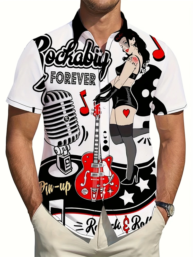 Мужская рубашка на пуговицах с короткими рукавами в стиле ретро-рок, мужская повседневная рубашка с короткими рукавами и графическим принтом для летних прогулок и пляжного дня
Мужская рубашка на пуговицах с короткими рукавами в стиле ретро-рок, мужская повседневная рубашка с короткими рукавами и графическим принтом для летних прогулок и пляжного дня