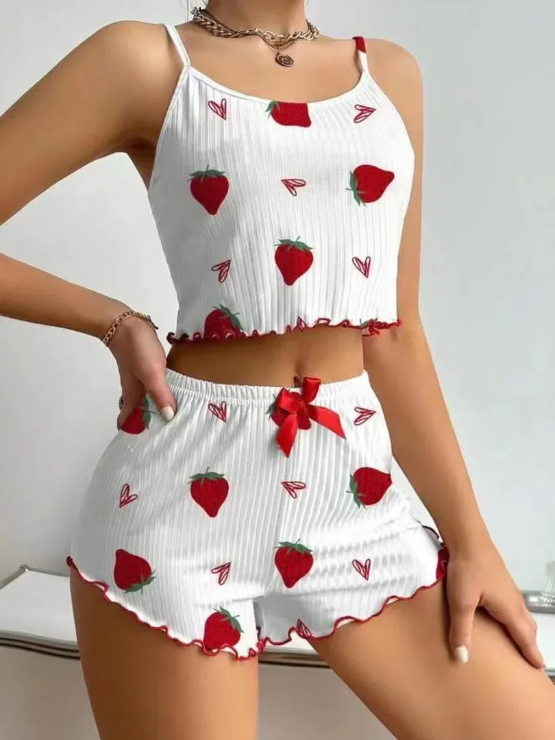 Women Sleepwear Camisole Strawberry Printing Casual Vest Tops and Shorts 2 Pieces Pajamas Set Summer Loungewear Home Clothes
Women Sleepwear Camisole Strawberry Printing Casual Vest Tops and Shorts 2 Pieces Pajamas Set Summer Loungewear Home Clothes