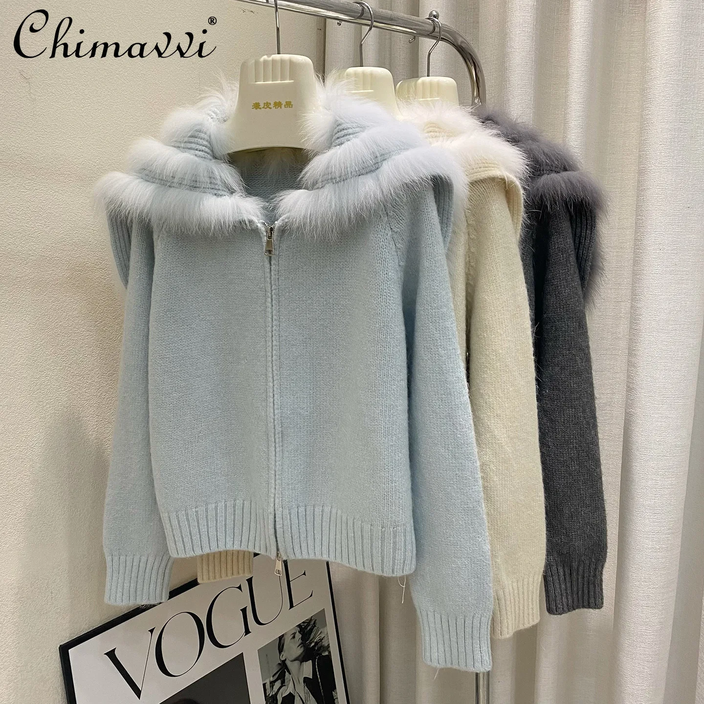 Осенний модный светский темно-синий свитер с воротником из натурального лисьего меха в стиле пэчворк, повседневный свободный вязаный кардиган с двойной молнией, женские топы 
Осенний модный светский темно-синий свитер с воротником из натурального лисьего меха в стиле пэчворк, повседневный свободный вязаный кардиган с двойной молнией, женские топы