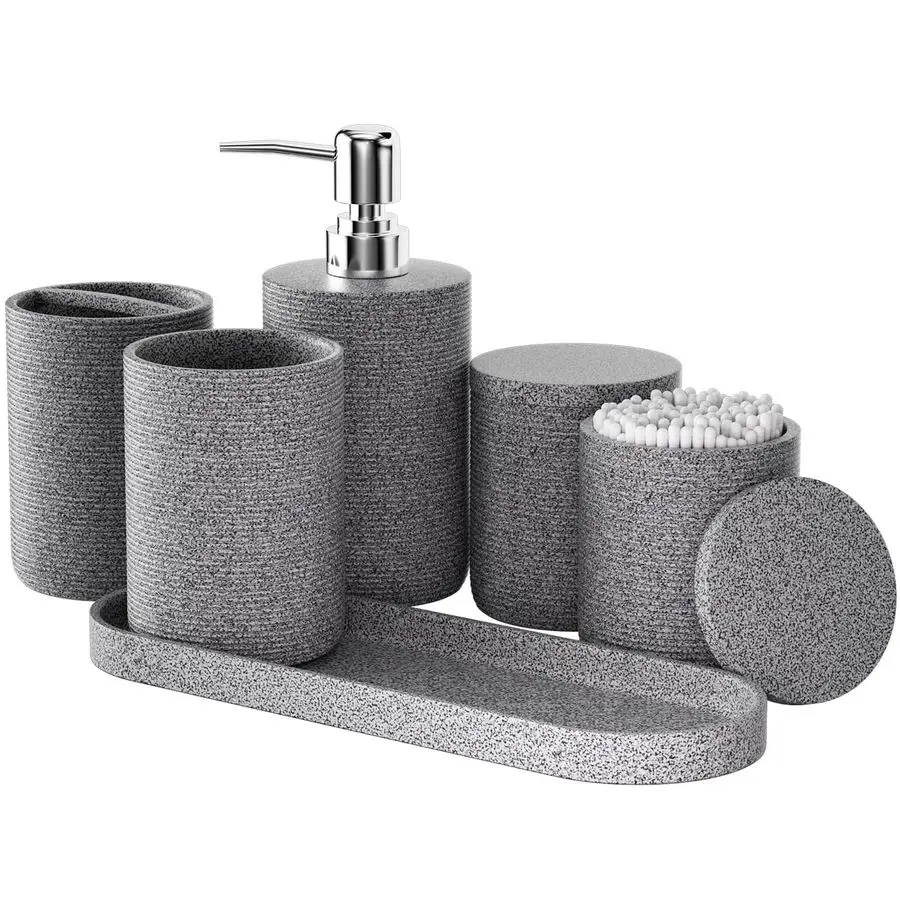 Bathroom Accessory Set Resin, Gray Bath Accessories Complete with Toothbrush Holder, Lotion Soap Dispenser, 2 Qtip Holders,Vanit
Bathroom Accessory Set Resin, Gray Bath Accessories Complete with Toothbrush Holder, Lotion Soap Dispenser, 2 Qtip Holders,Vanit