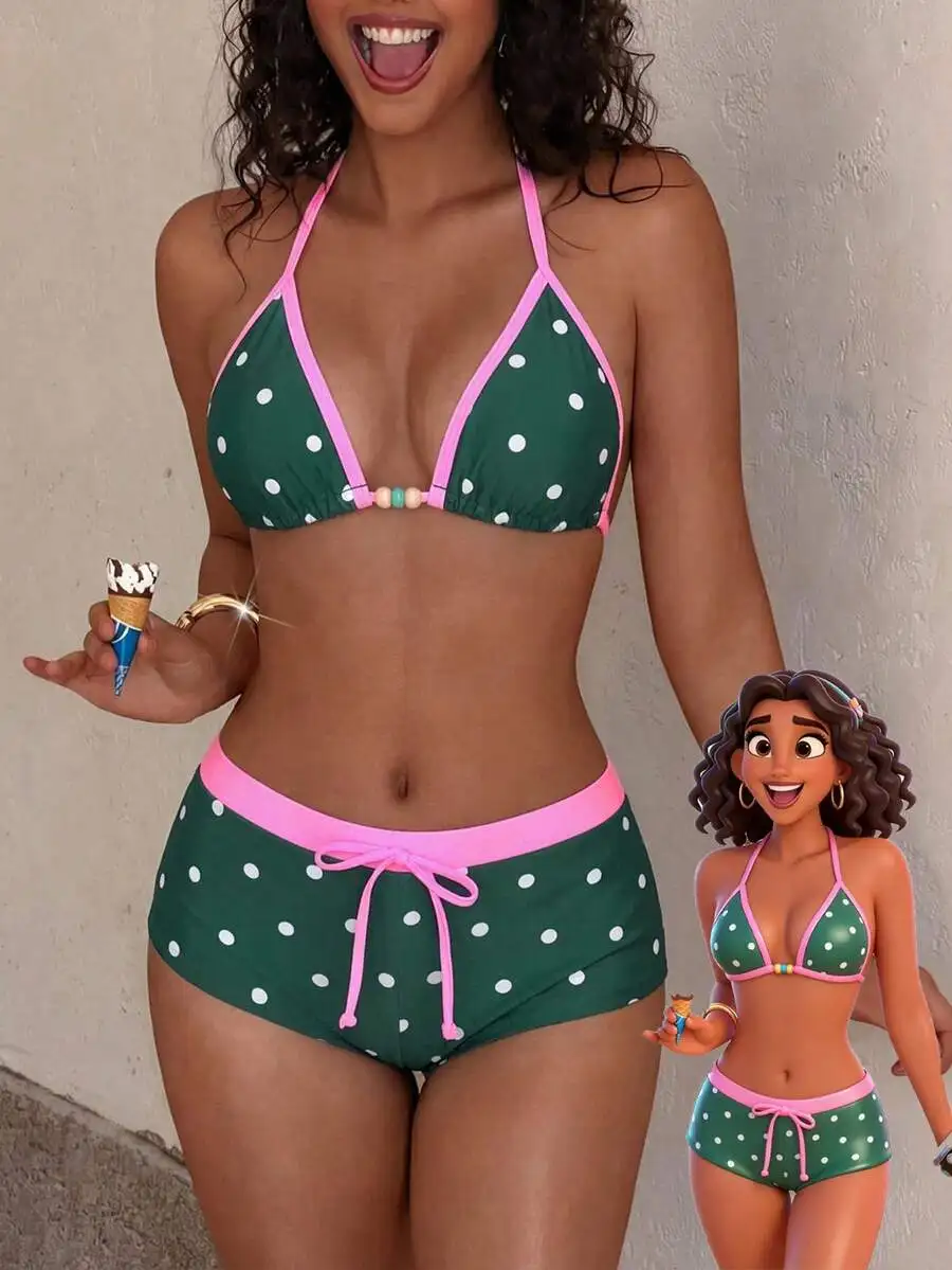 Green With White Polka Dot Triangle Bikini Set, Pink Trim And Drawstring Waist, Y2K Retro Swimwear For Beach Vacation Street
Green With White Polka Dot Triangle Bikini Set, Pink Trim And Drawstring Waist, Y2K Retro Swimwear For Beach Vacation Street