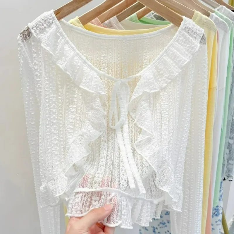 Women Summer Sun Protection Coat Lace Bow Ruffle Cardigan Shirt Female Blouse Tops for Woman Covers Blusa White Y2K Korean Shirt
Women Summer Sun Protection Coat Lace Bow Ruffle Cardigan Shirt Female Blouse Tops for Woman Covers Blusa White Y2K Korean Shirt