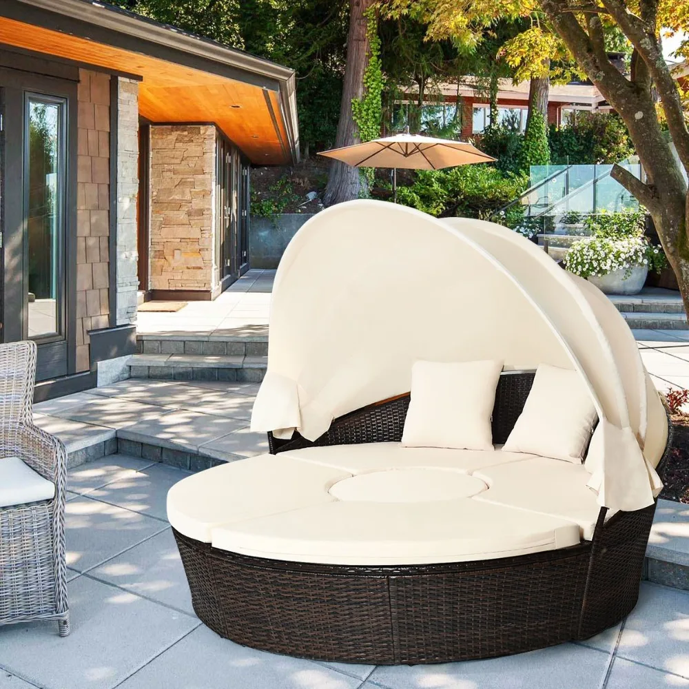 Cushioned Patio Rattan Round Daybed w/ Adjustable Table 3 Pillows Canopy
Cushioned Patio Rattan Round Daybed w/ Adjustable Table 3 Pillows Canopy