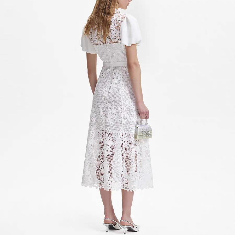 Women White Embroidery midi dress Puff Sleeve Hollow Out temperament lady long Dress
Women White Embroidery midi dress Puff Sleeve Hollow Out temperament lady long Dress