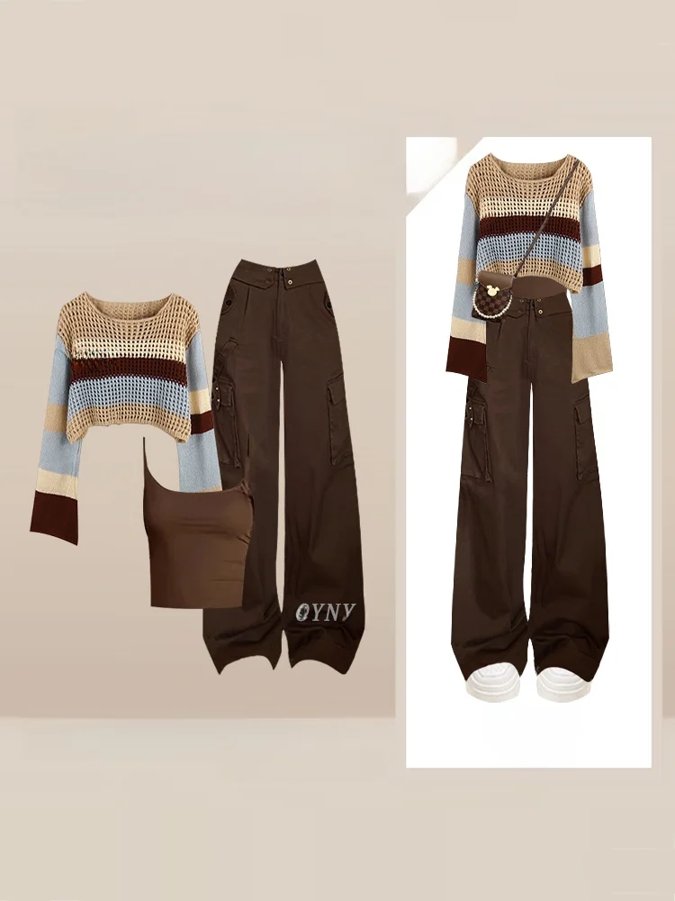 Американский вязаный комплект из свитера и топа кофейного цвета для женщин: свободные длинные брюки с ажурным дизайном, осенняя мода
Американский вязаный комплект из свитера и топа кофейного цвета для женщин: свободные длинные брюки с ажурным дизайном, осенняя мода