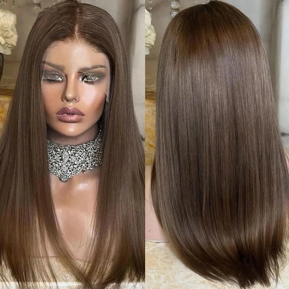 13x4 Шоколадно-коричневый парик Смешанные человеческие волосы для женщин Синтетический Hd Шелковистый прямой парик фронтальной части шнурка Коричневый парик из высокотемпературного волокна 
13x4 Шоколадно-коричневый парик Смешанные человеческие волосы для женщин Синтетический Hd Шелковистый прямой парик фронтальной части шнурка Коричневый парик из высокотемпературного волокна