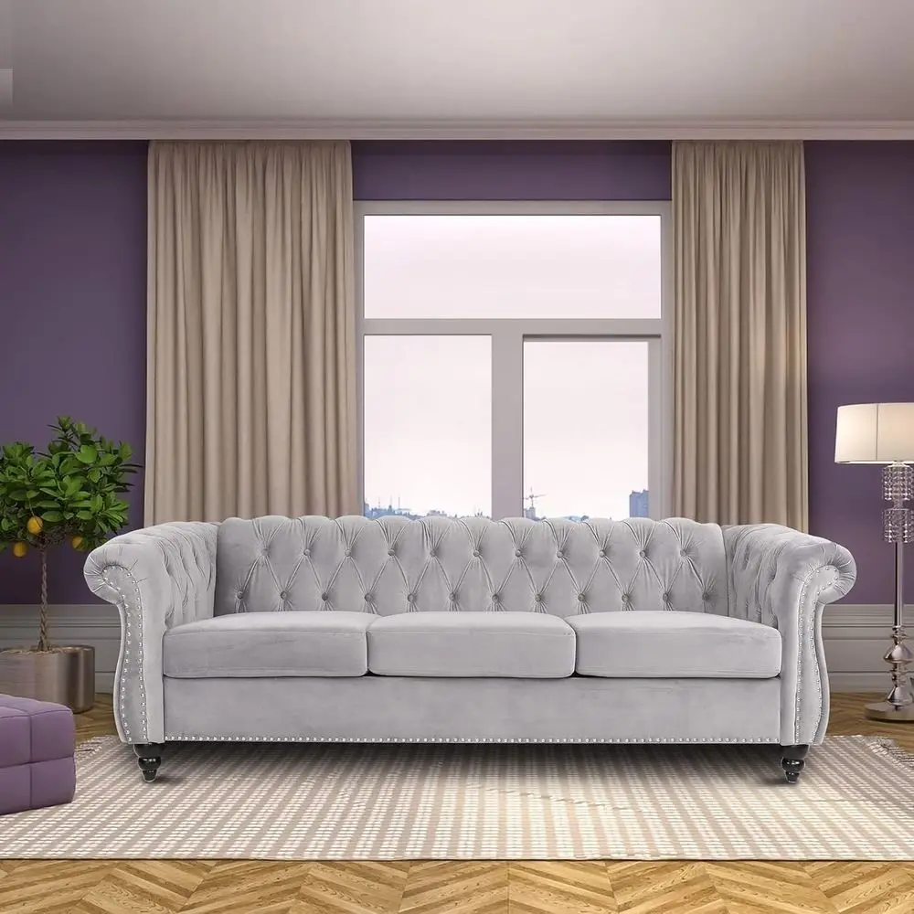 Modern Deep Buttoned Velvet Sofa with Solid Wood Frame and Legs in Gray
Modern Deep Buttoned Velvet Sofa with Solid Wood Frame and Legs in Gray