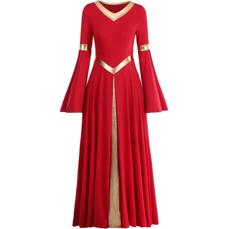 Women Metallic V Neck Praise Dance Dress Liturgical Worship Costume Bi Color Bell Long Sleeve Church Robe Praisewear
Women Metallic V Neck Praise Dance Dress Liturgical Worship Costume Bi Color Bell Long Sleeve Church Robe Praisewear