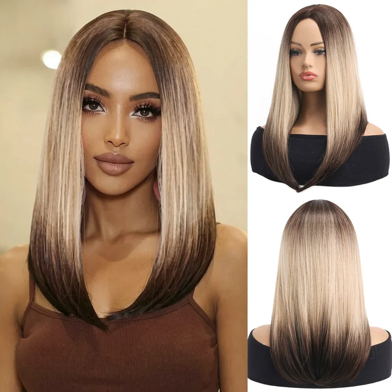 New platinum black gradient medium-length straight hair, middle-parted European and American style synthetic fiber wig for women
New platinum black gradient medium-length straight hair, middle-parted European and American style synthetic fiber wig for women