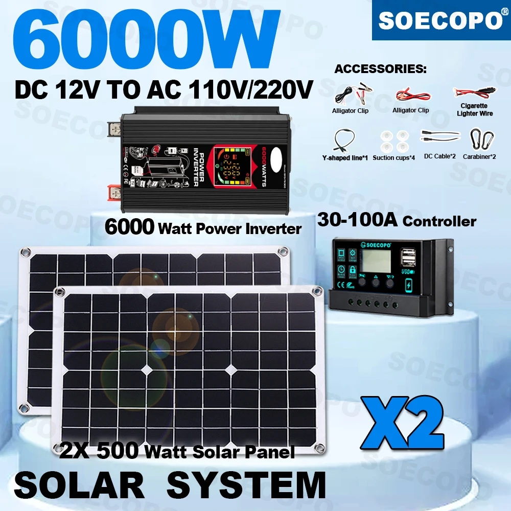 Portable Solar System for Camping Car Solar Panel 500 Watt 2*Solar Panels SOECOPO 100A Controller DC 12V - AC 110V/220VInverter
Portable Solar System for Camping Car Solar Panel 500 Watt 2*Solar Panels SOECOPO 100A Controller DC 12V - AC 110V/220VInverter