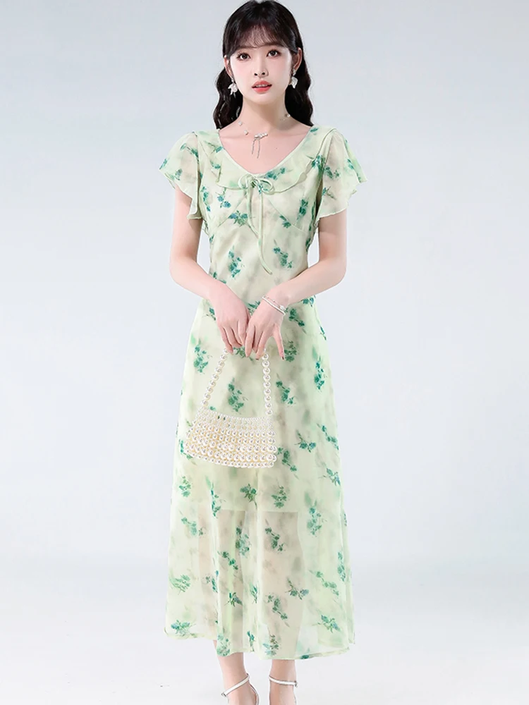 2025 Green Floral Chiffon Bow Ruffled Collar Midi Dress Summer Boho Elegant One Piece Dress Women Korean Bodycon Party Vestidos
2025 Green Floral Chiffon Bow Ruffled Collar Midi Dress Summer Boho Elegant One Piece Dress Women Korean Bodycon Party Vestidos
