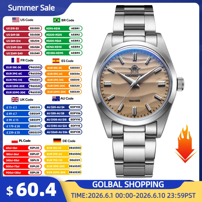 ADDIESDIVE 36mm Quartz Watches Desert Dial 10Bar Waterproof Wristwatch For Men AD2030 Domed Bubble Glass Stainless Steel Watch
ADDIESDIVE 36mm Quartz Watches Desert Dial 10Bar Waterproof Wristwatch For Men AD2030 Domed Bubble Glass Stainless Steel Watch