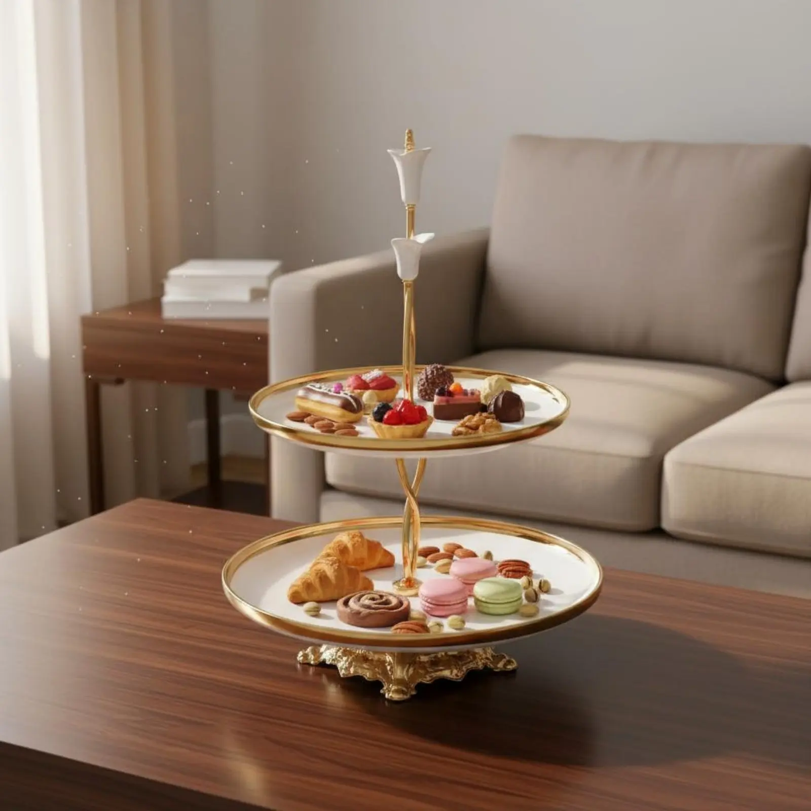 Two Layer Fruit Tray Gold Trim Two Tier Snack Stand Ceramic Dessert Plate Stand Sturdy Table Display Easy to Clean for Party
Two Layer Fruit Tray Gold Trim Two Tier Snack Stand Ceramic Dessert Plate Stand Sturdy Table Display Easy to Clean for Party