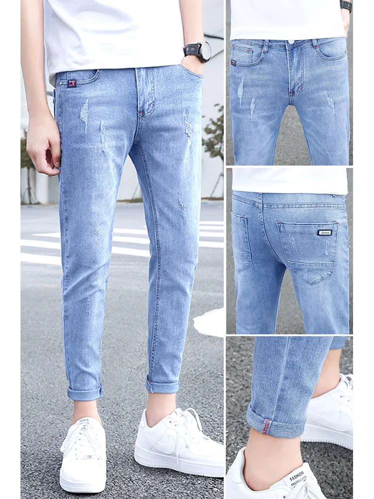 Летние тонкие светло-голубые джинсы, мужские корейские облегающие повседневные брюки с девятью очками, молодежная одежда, повседневная удобная эластичная одежда
Летние тонкие светло-голубые джинсы, мужские корейские облегающие повседневные брюки с девятью очками, молодежная одежда, повседневная удобная эластичная одежда