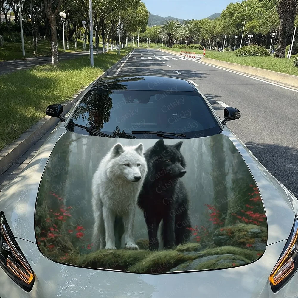 This car hood features a stunning design of two wolves, one white and one black, standing amidst a forest scene with vibrant red
This car hood features a stunning design of two wolves, one white and one black, standing amidst a forest scene with vibrant red