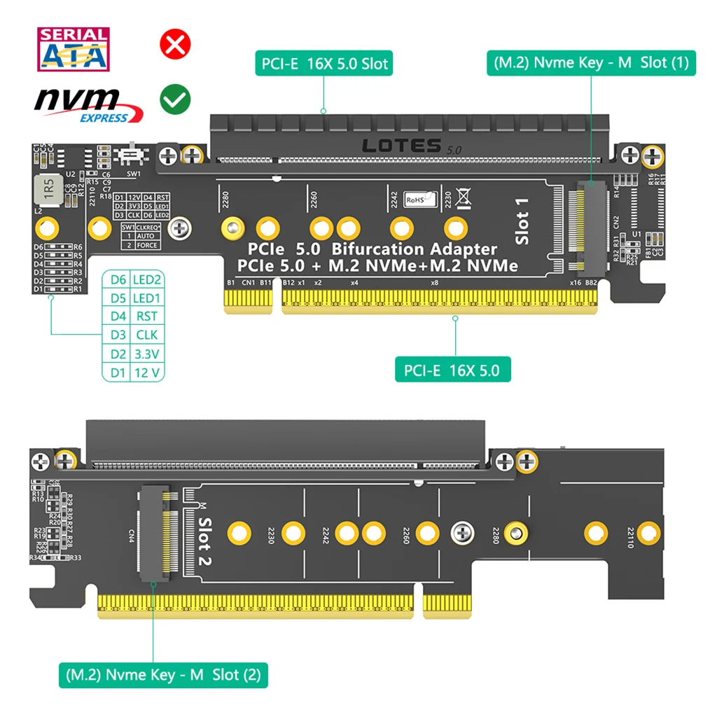 Карта расширения PCIe 5.0 x16 с двумя портами для NVMe, адаптер PCIe x8x4x4, требуется бифуркация
Карта расширения PCIe 5.0 x16 с двумя портами для NVMe, адаптер PCIe x8x4x4, требуется бифуркация