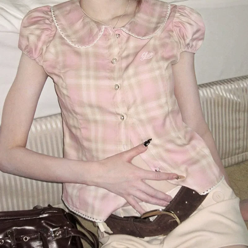 Embroidery Plaid Shirt Women's Summer Cute Lace Ruched Peter Pan Collar Blouses Y2K Pearl Single-breasted Tops Lolita
Embroidery Plaid Shirt Women's Summer Cute Lace Ruched Peter Pan Collar Blouses Y2K Pearl Single-breasted Tops Lolita