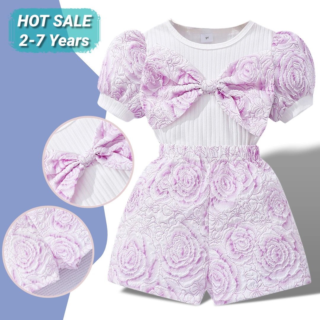 Girls Clothing Set Summer Short Sleeve 2 Pcs Tops+Short Pant Flower Outfits Casual Purple Big Bow Child Sets for Girls
Girls Clothing Set Summer Short Sleeve 2 Pcs Tops+Short Pant Flower Outfits Casual Purple Big Bow Child Sets for Girls